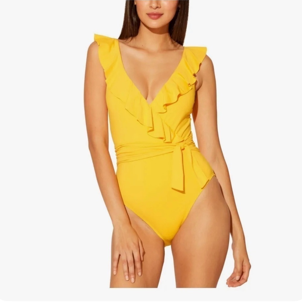 Bleu Rod Beattie Tuscan Sun Ruffled straps Surplice One Piece Swimsuit 12 slim